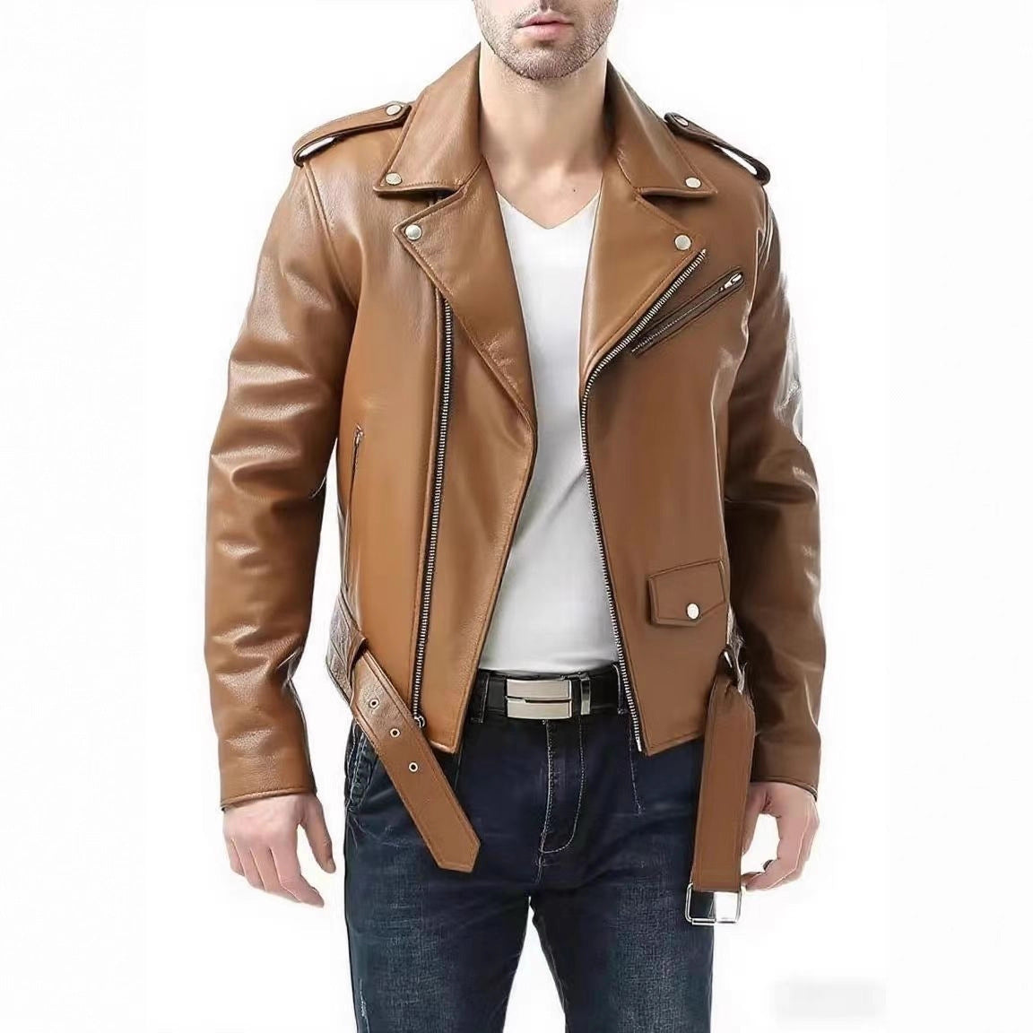 Men's zip-up PU leather jacket in Light Brown