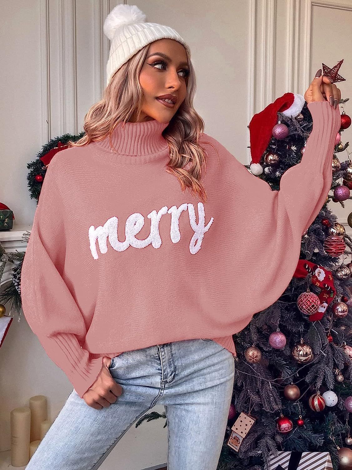 Women's Christmas turtleneck sweater in Pink