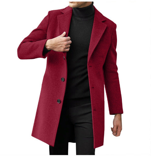 Men's mid-length slim-fit overcoat in Wine Red