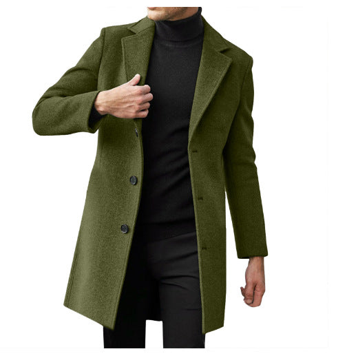 Men's mid-length slim-fit overcoat in Army Green