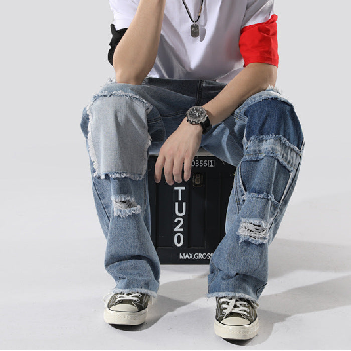 Men's Patchwork Baggy Jeans-Urban Streetwear