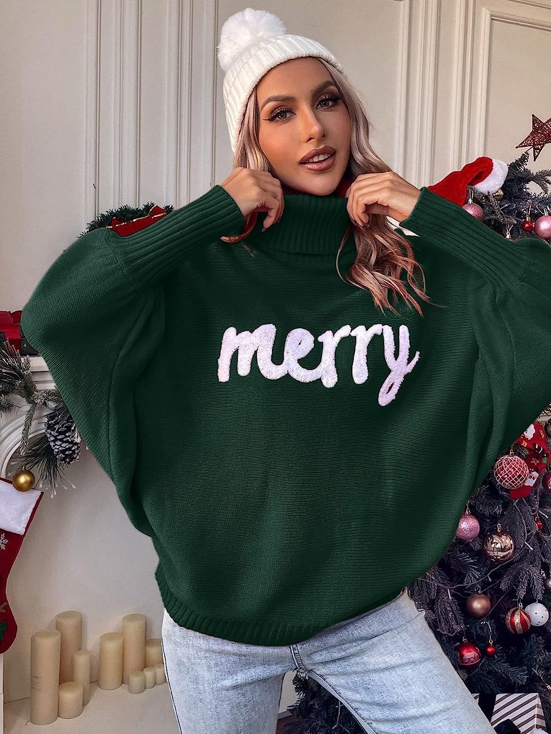 Women's Christmas turtleneck sweater in Dark Green