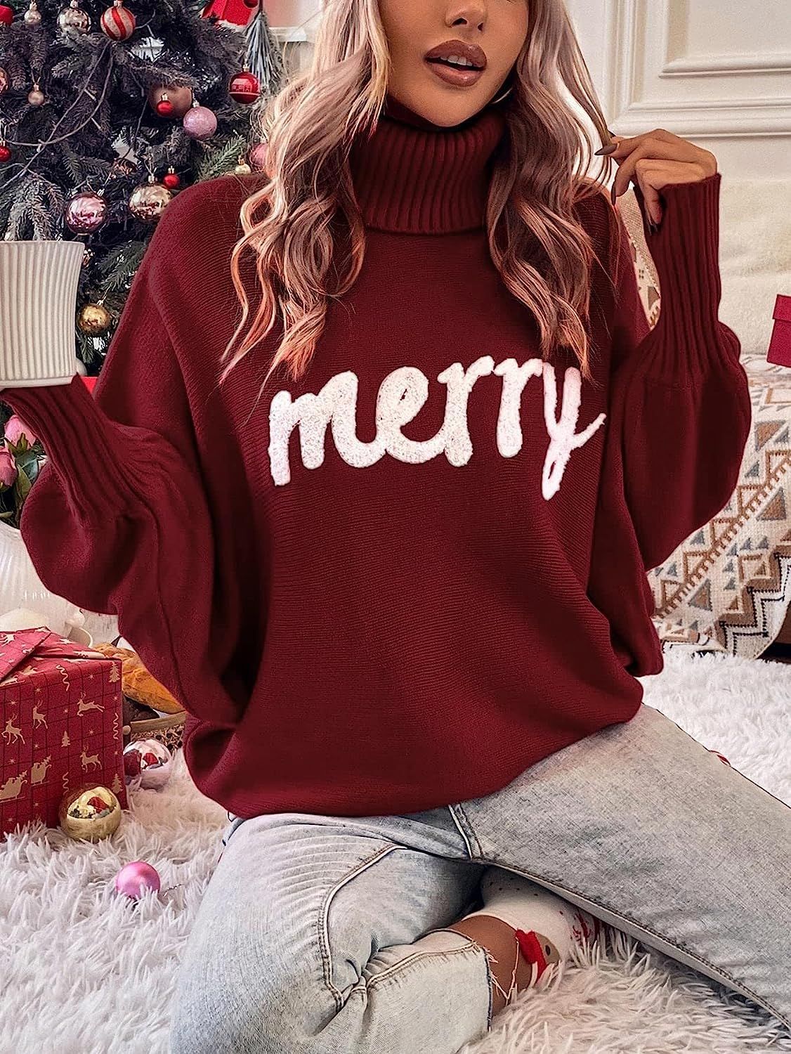 Women's Christmas turtleneck sweater in Burgundy