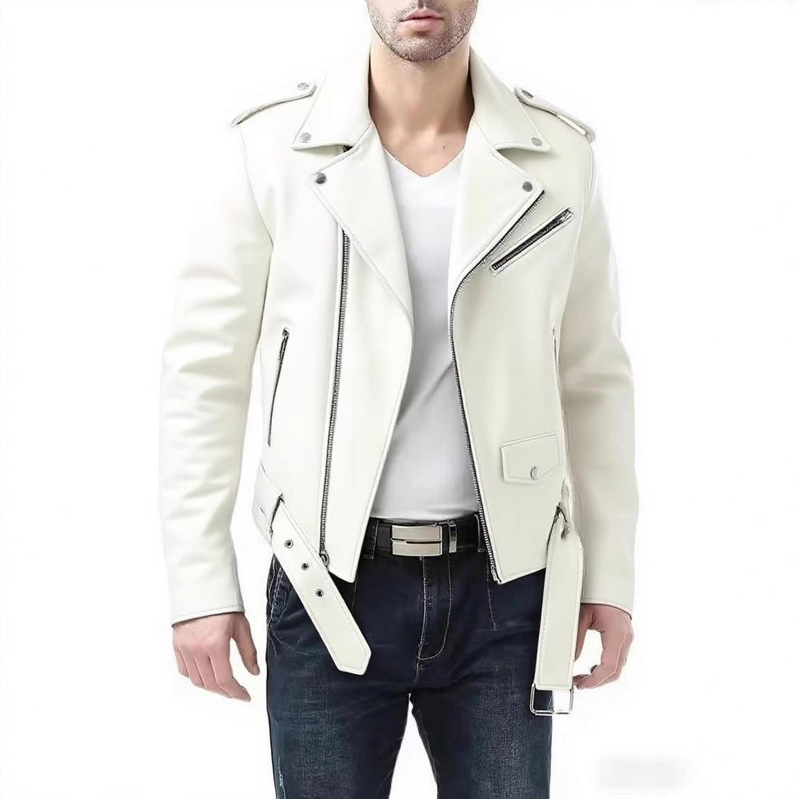 Men's zip-up PU leather jacket in White