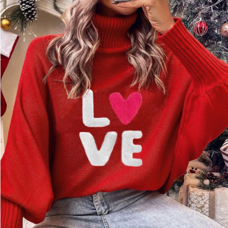 Women's Christmas turtleneck sweater in Love Red