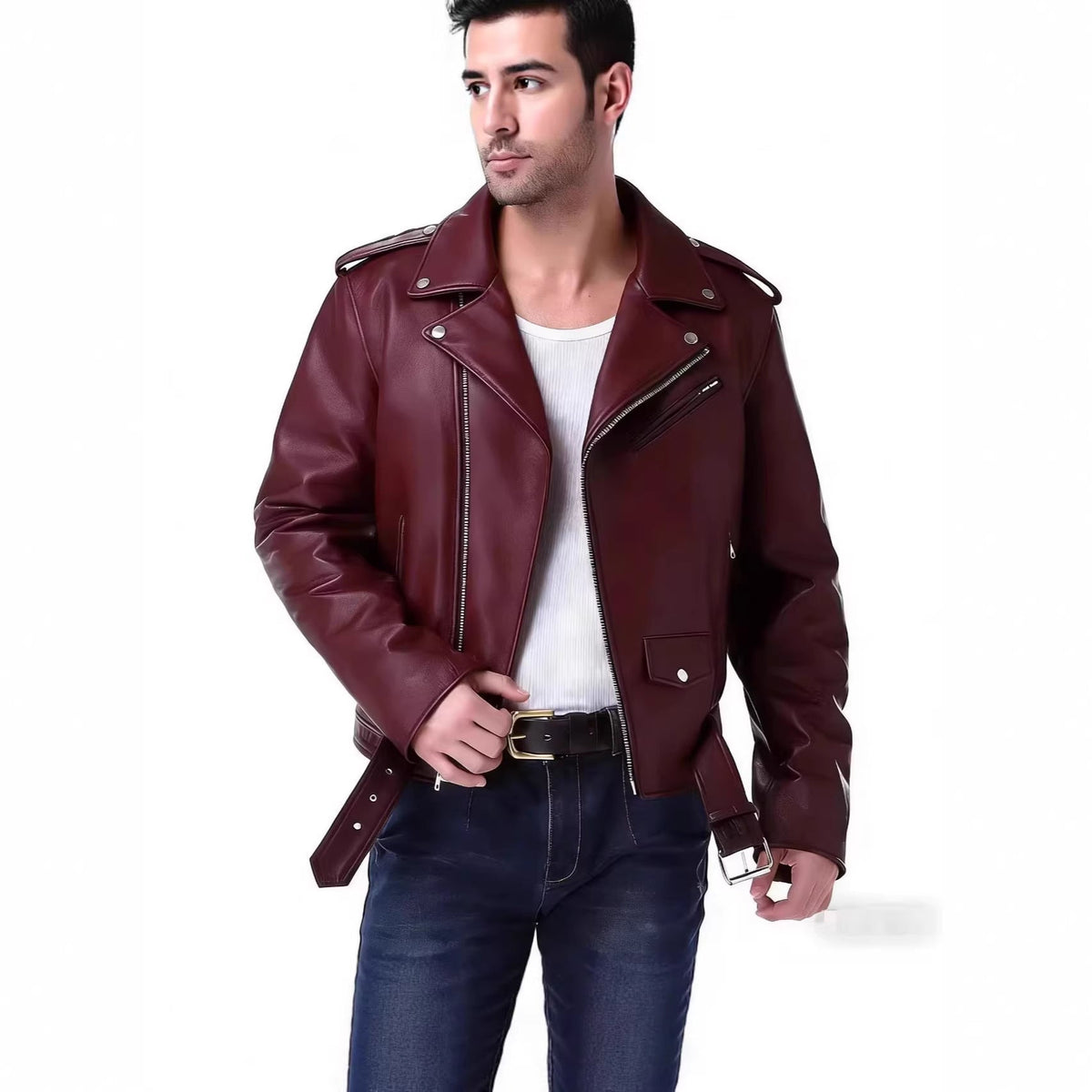 Men's zip-up PU leather jacket in Wine Red