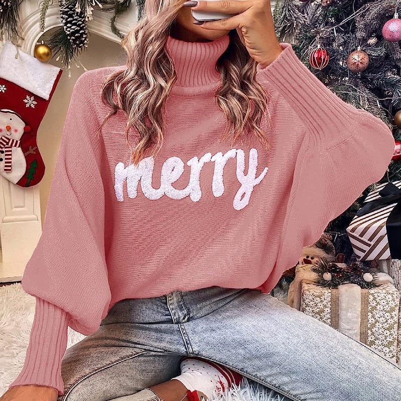 European And American Cross-border Christmas Turtleneck Women's Clothing Amazon Autumn And Winter Loose Bat Sleeve Outerwear Knitted Top Women