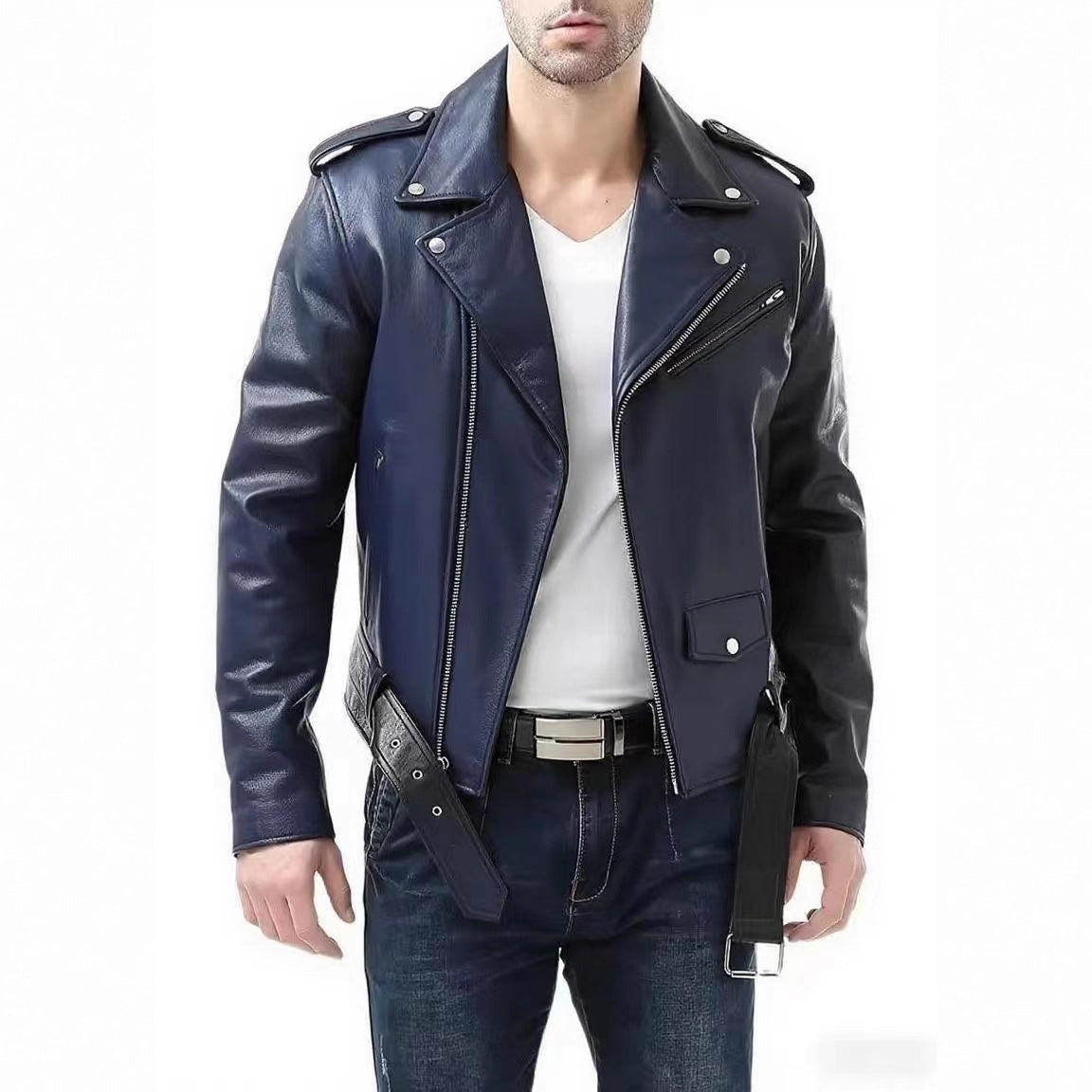 Men's zip-up PU leather jacket in Navy Blue