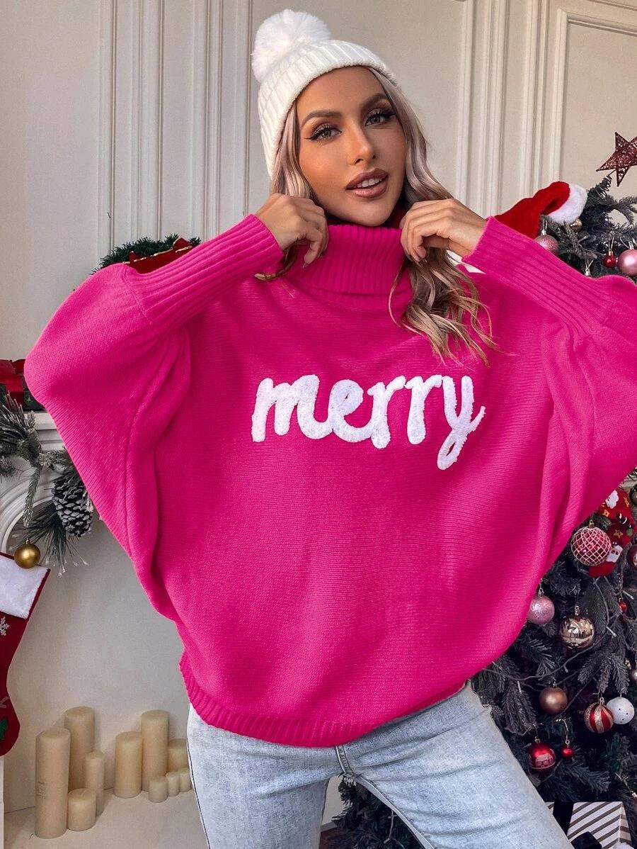 Women's Christmas turtleneck sweater in Rose Red