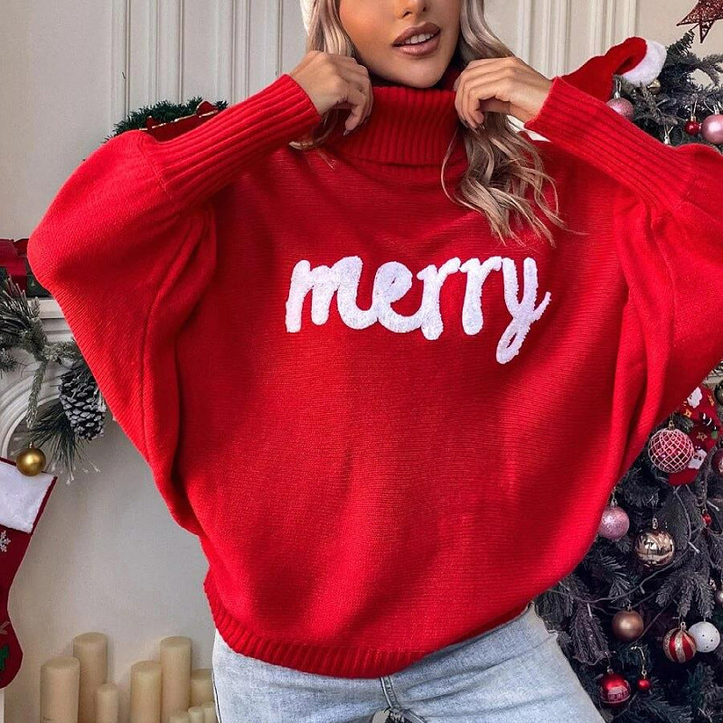 European And American Cross-border Christmas Turtleneck Women's Clothing Amazon Autumn And Winter Loose Bat Sleeve Outerwear Knitted Top Women